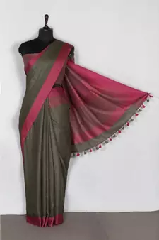 grey Handloom Pure Linen Saree with blouse piece