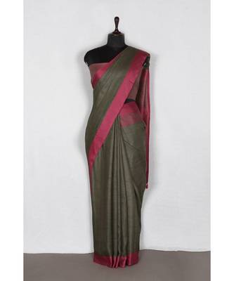 grey Handloom Pure Linen Saree with blouse piece 3