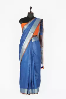 blue Handloom Pure Linen Saree with blouse piece
