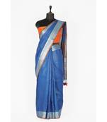 blue Handloom Pure Linen Saree with blouse piece