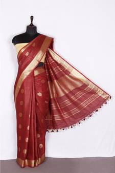 red Handloom Pure Linen Saree with blouse piece