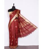 red Handloom Pure Linen Saree with blouse piece