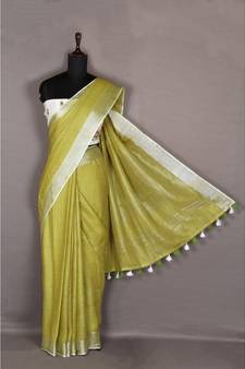 yellow Handloom Pure Linen Saree with blouse piece