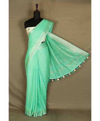 green Handloom Pure Linen Saree with blouse piece 1