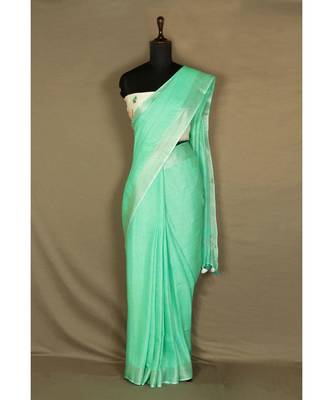 green Handloom Pure Linen Saree with blouse piece 2