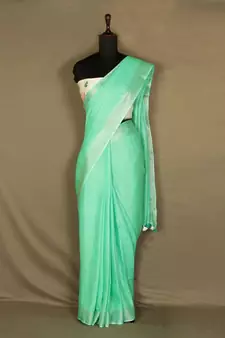 green Handloom Pure Linen Saree with blouse piece