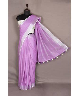 purple Handloom Pure Linen Saree with blouse piece 1