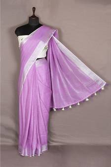 purple Handloom Pure Linen Saree with blouse piece
