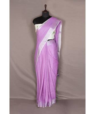 purple Handloom Pure Linen Saree with blouse piece 2