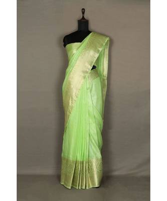 green Handloom Pure Linen Saree with blouse piece 2