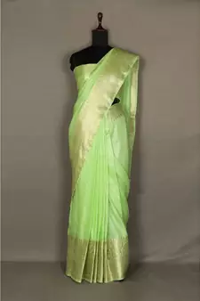 green Handloom Pure Linen Saree with blouse piece
