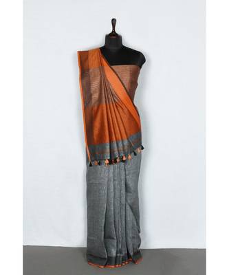 grey Handloom Pure Linen Saree with blouse piece 1