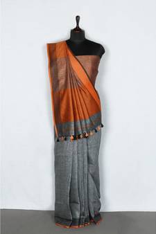 grey Handloom Pure Linen Saree with blouse piece