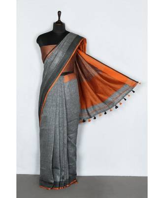 grey Handloom Pure Linen Saree with blouse piece 2