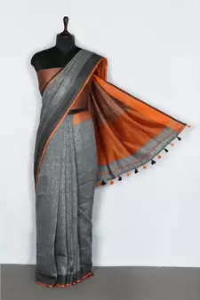 grey Handloom Pure Linen Saree with blouse piece