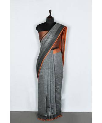 grey Handloom Pure Linen Saree with blouse piece 3