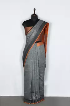 grey Handloom Pure Linen Saree with blouse piece