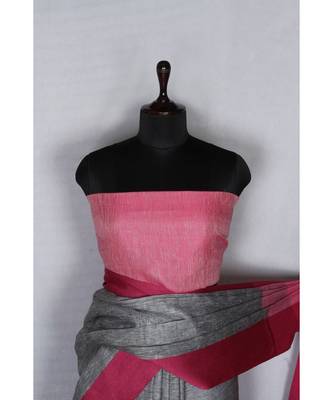 grey Handloom Pure Linen Saree with blouse piece 1