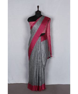grey Handloom Pure Linen Saree with blouse piece 2