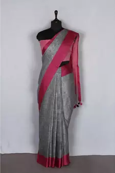 grey Handloom Pure Linen Saree with blouse piece
