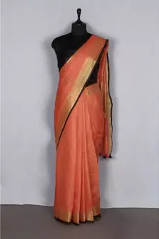 orange Handloom Pure Linen Saree with blouse piece