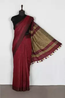 maroon Handloom Pure Linen Saree with blouse piece