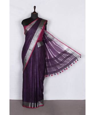 purple Handloom Pure Linen Saree with blouse piece 1