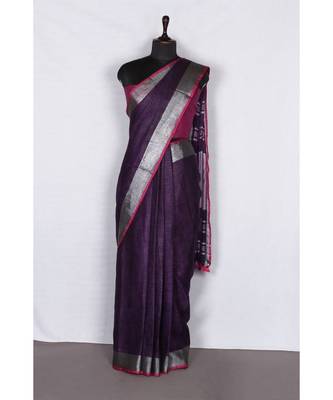 purple Handloom Pure Linen Saree with blouse piece 2
