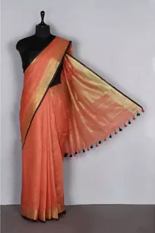 orange Handloom Pure Linen Saree with blouse piece