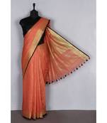 orange Handloom Pure Linen Saree with blouse piece