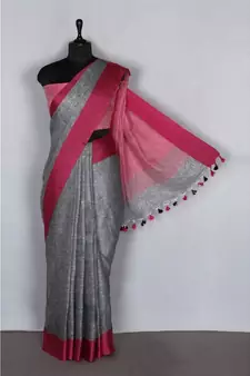grey Handloom Pure Linen Saree with blouse piece