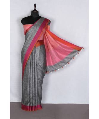 grey Handloom Pure Linen Saree with blouse piece 1
