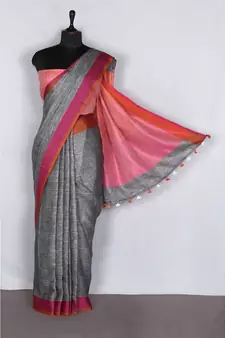 grey Handloom Pure Linen Saree with blouse piece