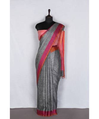 grey Handloom Pure Linen Saree with blouse piece 2