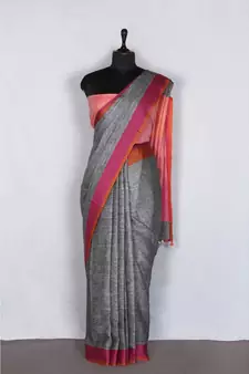 grey Handloom Pure Linen Saree with blouse piece
