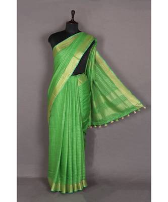 green Handloom Pure Linen Saree with blouse piece 1