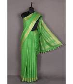 green Handloom Pure Linen Saree with blouse piece