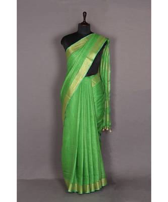 green Handloom Pure Linen Saree with blouse piece 2