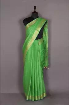 green Handloom Pure Linen Saree with blouse piece