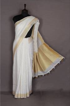 white Handloom Pure Linen Saree with blouse piece