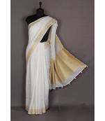 white Handloom Pure Linen Saree with blouse piece