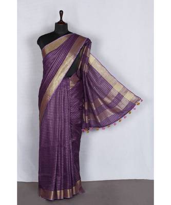 purple Handloom Pure Linen Saree with blouse piece 1