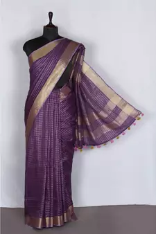 purple Handloom Pure Linen Saree with blouse piece