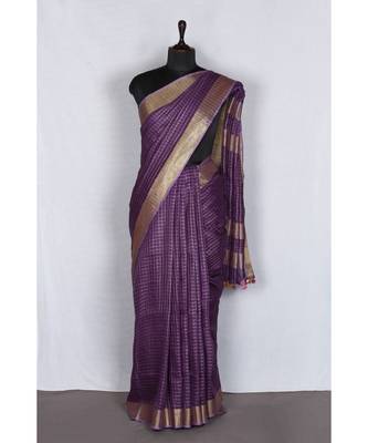 purple Handloom Pure Linen Saree with blouse piece 2