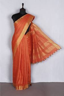 orange Handloom Pure Linen Saree with blouse piece