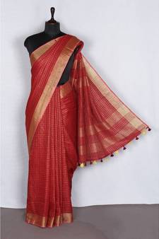 red Handloom Pure Linen Saree with blouse piece