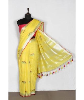 yellow Handloom Pure Linen Saree with embroidery work 3