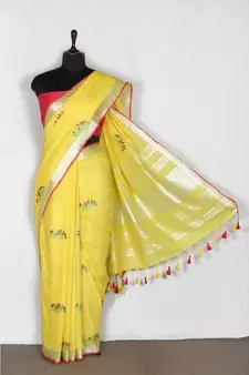 yellow Handloom Pure Linen Saree with embroidery work