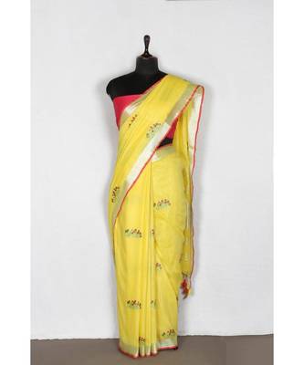 yellow Handloom Pure Linen Saree with embroidery work 1
