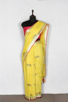 yellow Handloom Pure Linen Saree with embroidery work